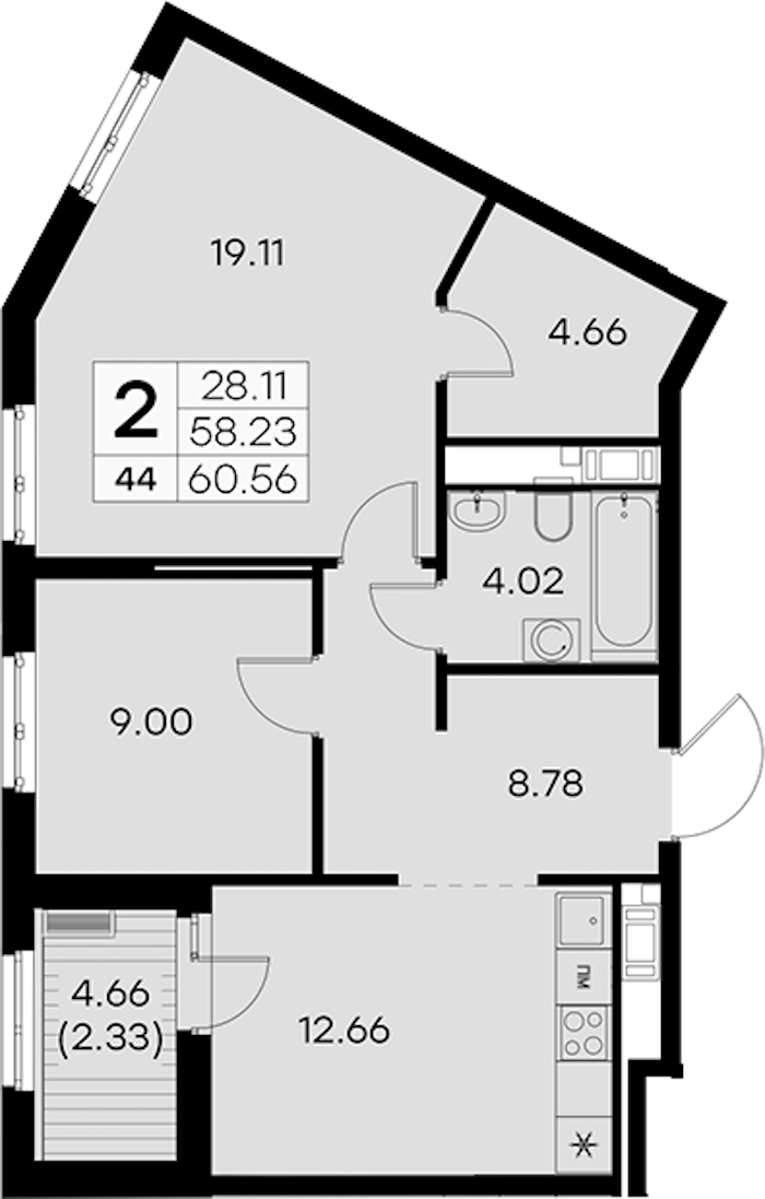 2-комнатная квартира 60.56 м², 6/8 эт., ЖК «Glorax City Балтийская»